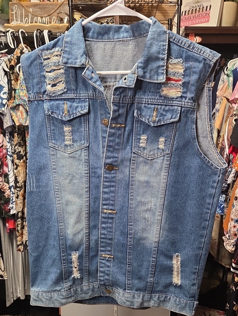 Women Distressed Blue Denim Vest - Sleeveless Jean Jacket